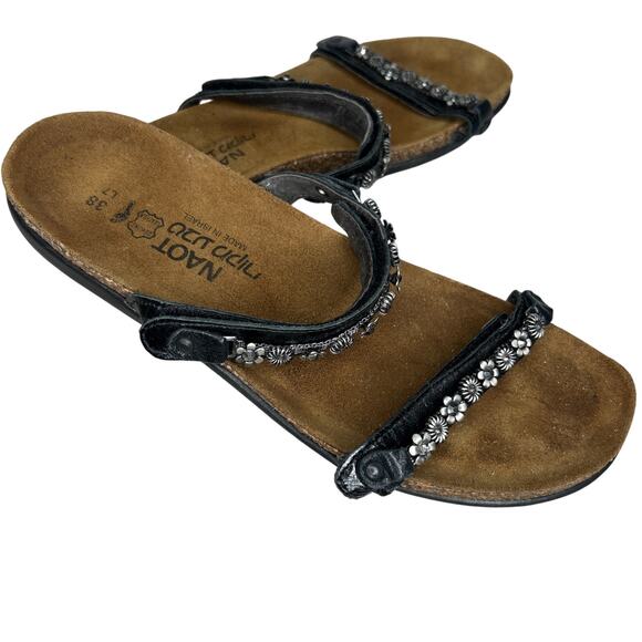 NAOT® Genuine Leather Black Slides Sandals w/Flower Rhinestone Studs 7M 38 EU - Picture 1 of 6